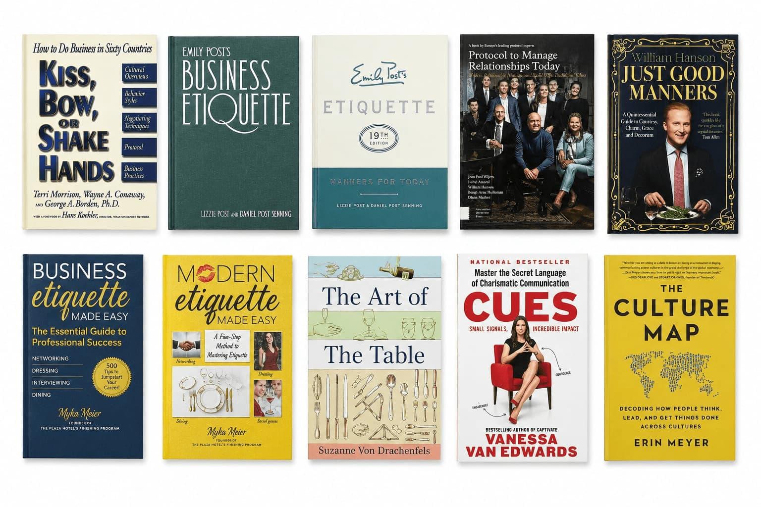 A collection of etiquette and protocol books including Emily Post, William Hanson, Myka Meier, and Erin Meyer