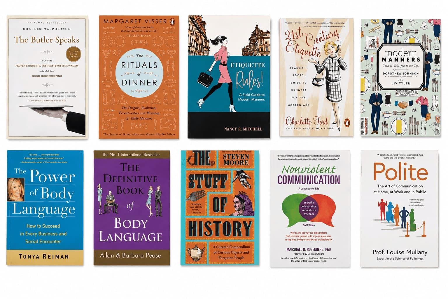 A collection of books about modern manners, body language, communication, and social etiquette